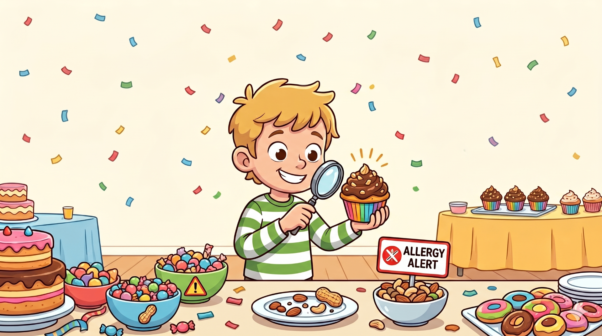 A curious child inspecting a cupcake with a magnifying glass next to an allergy alert sign