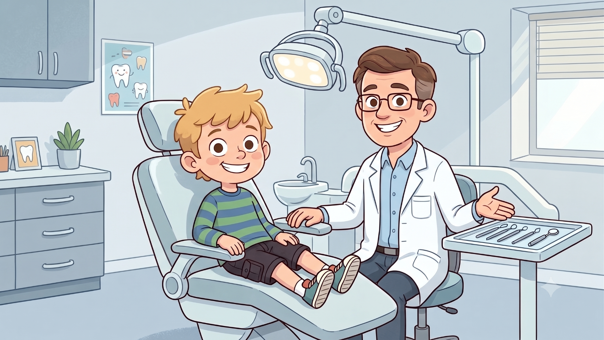 Sammy smiling in the dentist's chair next to a friendly dentist